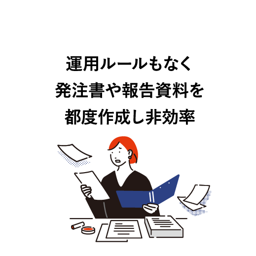 運用ルールもなく発注書や報告資料を都度作成し非効率